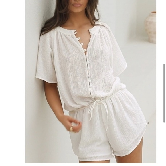 Sabo Romper Elasa Womens Small White Button Short Sleeve Textured Crinkle Swim - Picture 2 of 16